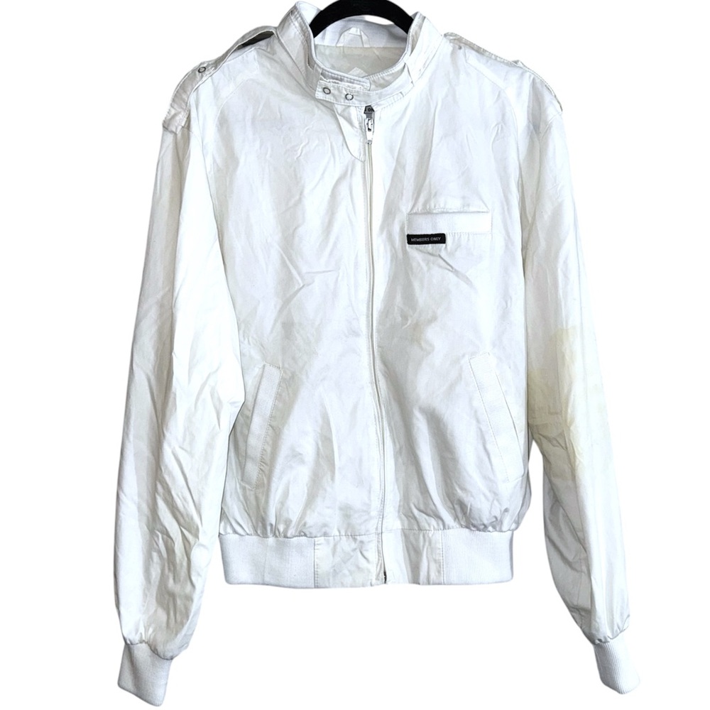 MEMBERS ONLY WHITE BOMBER JACKET ZIP UP MILITARY VARSITY WINDBREAKER